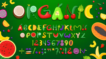 Fruit and vegetable font, healthy type, farm crop alphabet, summer food typeface. English abc letters and numbers vector typography with cartoon fresh fruits and vegetables uppercase characters fontのイラスト素材