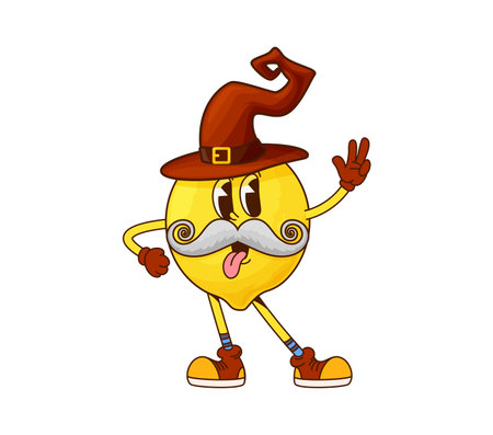 Groovy lemon fruit Halloween wizard character. Tropical citrus fruit mage childish groovy character, lemon funny magician or happy sorcerer cartoon vector mascot or wizard isolated personageのイラスト素材