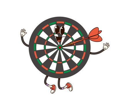 Groovy darts sport character. Cartoon vector playful dartboard personage featuring a dart stuck in the bullseye, conveys a fun and lively vibes for sports or recreational activities exudes excitementのイラスト素材