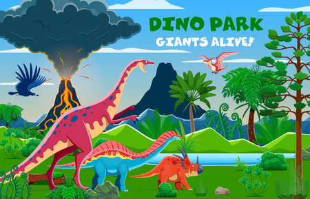 Prehistoric era landscape with volcano and dinosaurs in tropical forest, vector background. Dino park poster for Jurassic lizards and reptiles of museum exhibition for kids in jungle forestのイラスト素材