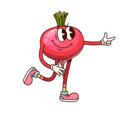 Groovy radish vegetable character. Cartoon vector comic veggie, healthy food personage with a joyful face and big eyes, wearing sneakers, showing pointing gesture and exudes fun and energetic vibesのイラスト素材