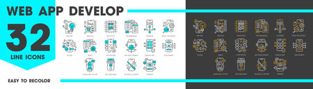 Web app development and optimization, mobile application coding and software programming line icons, vector digital technologies. Outline screens with idea, analysis, testing and launching app signsのイラスト素材