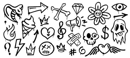 Grunge graffiti ink spray, street art paints. Vector hand drawn spray paint arrow, skull and dead smile emoji, crown, ghost and heart. Ice cream cone, lightning, eye and flower emoticon ink drawingsのイラスト素材