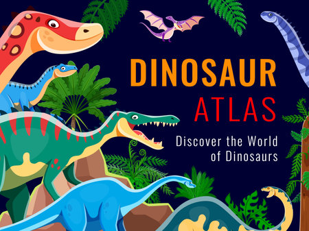 Dino atlas book cover with prehistoric dinosaur characters and Jurassic lizards, vector background. Kids paleontology atlas or dinosaurs encyclopedia book cover with funny cartoon prehistoric lizardsのイラスト素材