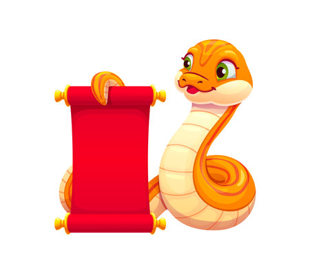 Cartoon Chinese new lunar year snake character holding a red scroll with a friendly expression and large green eyes. Isolated vector reptile with an orange colored body, conveying a playful Cny moodのイラスト素材