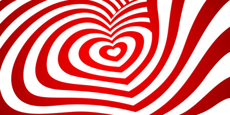 Heart tunnel background with love hypnotic stripes and psychedelic spiral, cartoon vector. Heart tunnel with abstract hypnotic twirls for Valentine or wedding, romance and romantic love backgroundのイラスト素材
