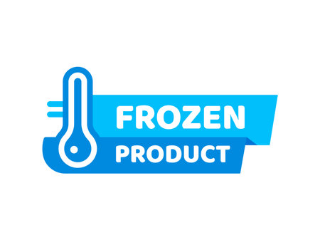 Blue frozen cold product icon, ice crystal label and badge. Isolated vector emblem or sticker for frozen food, features thermometer symbol for packages or frosty cold preservation itemsのイラスト素材