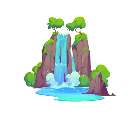 Cartoon waterfall water cascade. Vector natural environment or park decoration, game location. Splashing aqua stream or jet falling from the rock with green trees. Isolated hill with falling flowのイラスト素材