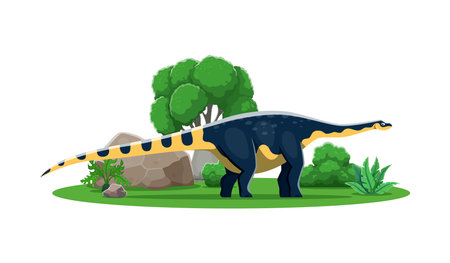 Magyarosaurus cartoon prehistoric dinosaur character. Isolated vector ancient herbivore reptile animal in natural environment with rock, tree and plants. Late cretaceous paleontology era lizardのイラスト素材