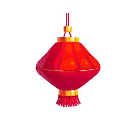 Cartoon Chinese festival red lantern, Asian Chinatown lamp, symbolizing cultural celebrations and heritage. Traditional festival or Lunar New Year decoration with gold accents and tassel at the bottomのイラスト素材