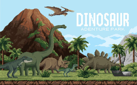 8 bit pixel art prehistoric dinosaurs adventure park. Vector nostalgic retro video gaming scene featuring dino species in nature landscape with mountains, trees and cloudy sky. Arcade game backgroundのイラスト素材