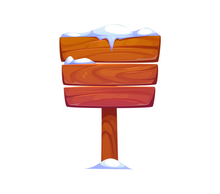 Christmas wooden winter sign board with snow. Isolated cartoon vector signboard on the wood pole with three horizontal planks, covered in snow at the top. Rustic signage with wood textured surfaceのイラスト素材