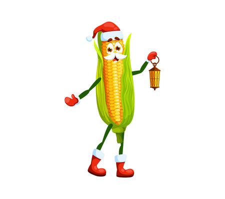 Cartoon corn Santa for Christmas holiday vegetable character, vector funny corncob. Cute sweetcorn cob in Santa hat with lantern Merry Christmas, Happy New Year and winter holiday greeting emojiのイラスト素材