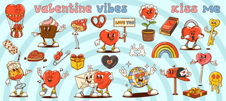 Groovy Valentine day and love characters in retro cartoon, vector comic hippie hearts. Valentine day groovy cartoon characters of funky cupcake with love message and melting silly lollipop emoji smileのイラスト素材
