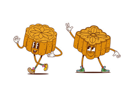 Groovy retro cartoon Japanese mooncake characters, vector funky sweet pastry. Groovy funny mooncakes or Japanese and Chinese dessert food characters with happy faces and silly smiles having funky funのイラスト素材
