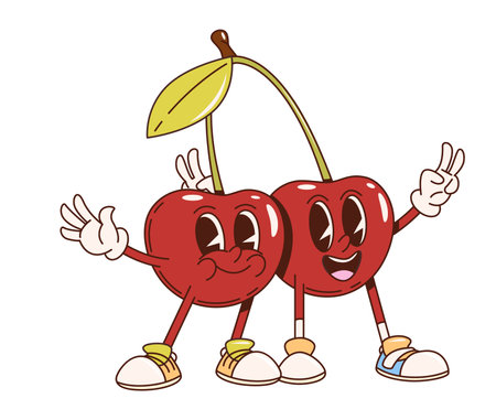 Retro groovy cherry berry twins cartoon characters. Isolated vector couple of fresh and ripe summer hippie berries personages hanging on stem. Comic nostalgic juicy fruits with vintage nostalgic vibesのイラスト素材