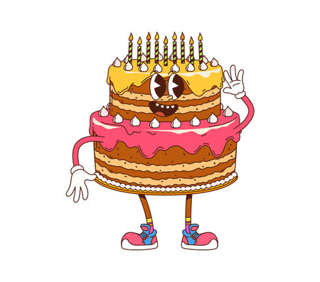 Cartoon groovy birthday cake bakery and pastry character. Holiday cake vintage food personage with burning candles and dripping cream frosting. Vector retro sweet festive dessert celebrates partyのイラスト素材