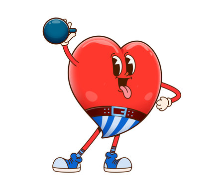 Cute groovy heart character lifting a barbell. Isolated cartoon vector red strong healthy heart sportsman personage with a big smile and flexing arms, lifts a heavy weight, showcasing love for sportsのイラスト素材