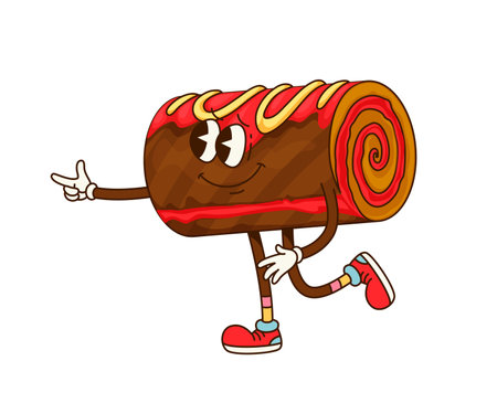 Funny groovy cake dessert character. Cafe sweet food cheerful personage, restaurant dessert meal or holiday pastry happy groovy vector mascot. Roll cake with jam comical isolated cartoon characterのイラスト素材