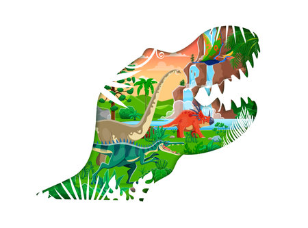 Paper cut dinosaur head silhouette with prehistoric landscape of Jurassic era forest, vector banner. Cartoon T-rex tyrannosaurus head silhouette with reptiles or lizards in prehistoric jungle forestのイラスト素材
