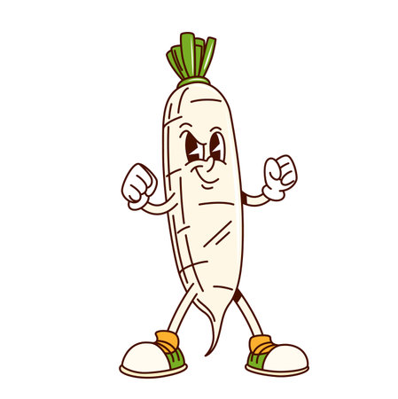 Groovy daikon radish vegetable character in retro cartoon with funny face, comic vector. Groovy daikon radish in hipster shoes with boxing fists and smirk smile for vegetable retro cartoon characterのイラスト素材