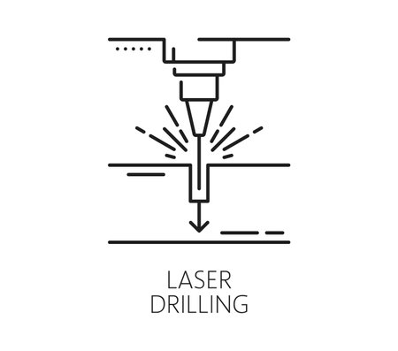 Laser drilling metalwork technology line icon. Steel engraving metalwork industry linear symbol, CNC marking manufacture equipment, laser cutting or drilling production technology vector outline iconのイラスト素材