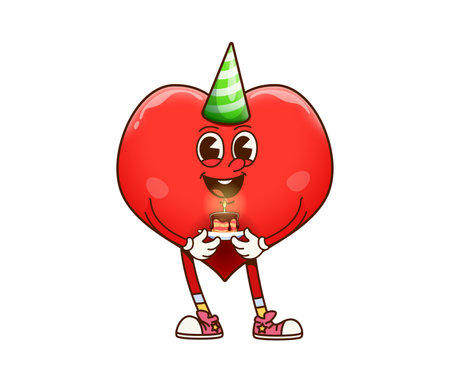Cute groovy red heart character wearing a green-striped party hat, holding a small birthday cake with a lit candle. Isolated cartoon vector playful heart personage exudes joy and holiday celebrationのイラスト素材
