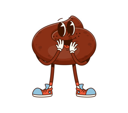 Cartoon groovy poop character or funny poo excrement personage of happy toilet shit, vector emoticon. Groovy poop emoji or poo emoticon character with confused face expression in retro comic cartoonのイラスト素材