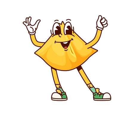 Fagottini Italian pasta groovy cheerful character. Italy cuisine menu tasty pasta funny groovy character, Italian restaurant noodle dish or Fagottini meal groovy isolated vector cute groovy mascotのイラスト素材