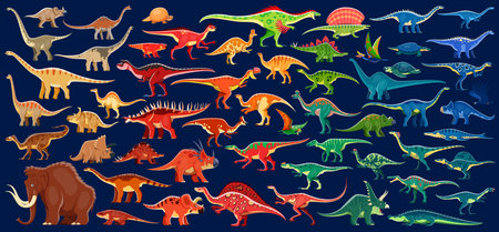 Dinosaurs infographics, prehistoric dino species vector set. Cartoon ancient reptiles from Jurassic era. Terrestrial carnivores, omnivores, herbivores and mammoth with marine reptiles and pterosaursのイラスト素材