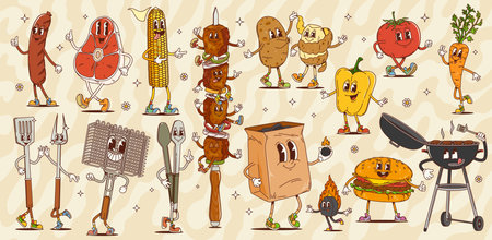 Retro cartoon groovy bbq barbeque characters with psychedelic grilled food and barbecue tools. Groovy vector personages of cute bbq meat, sausage, steak and vegetables, barbecue grate, charcoal grillのイラスト素材