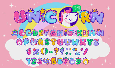 Cartoon fairytale unicorn font. Magic funny horse type, cute characters typeface on rainbow vector background. Alphabet letters and numbers with cute unicorn animals, princess crowns and magic wandのイラスト素材