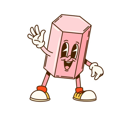 Groovy math geometric hexagonal prism figure character. Isolated cartoon vector playful educational personage for children geometry learning, with a pink color, joyful face expression and funky vibeのイラスト素材