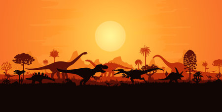 Giant dinosaurs fighting silhouettes in sunset landscape of Jurassic era, vector background. Prehistoric dino park or paleontology museum banner with fighting roaring T-rex and dinosaurs silhouettesのイラスト素材