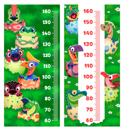 Kids height chart ruler with funny dino kids characters in eggs. Vector wall scale of growth measure with cartoon baby dinosaur animals. Cute prehistoric dino reptiles, childish height measuring chartのイラスト素材