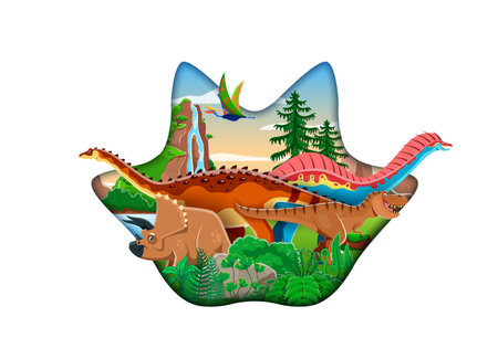 Paper cut dinosaur footprint with cartoon prehistoric dino animals and reptiles. Vector 3d paper cut frame of dinosaur footprint with tyrannosaurus rex, triceratops and dicraeosaurus dino charactersのイラスト素材
