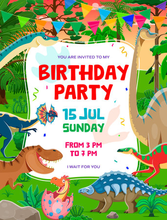 Birthday party flyer with cartoon funny prehistoric dinosaurs, vector kids event poster. Dino party invitation flyer for entertainment birthday party with Jurassic T-rex dinosaur and lizard charactersのイラスト素材