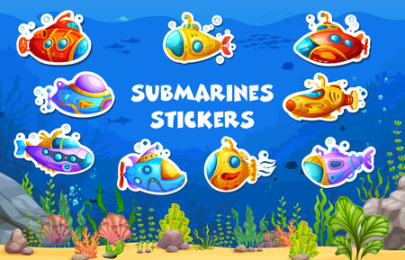 Stickers of cartoon underwater submarine ships on sea under water landscape with fish silhouettes vector background. Yellow, blue and red submarines, underwater ship and bathyscaphe stickers packのイラスト素材