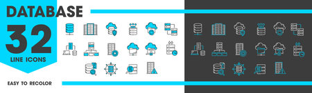 Database network server and cloud storage line icons, digital technology vector pictograms. Internet data backup storage, computer server with file transfer, encryption and personal data secure accessのイラスト素材