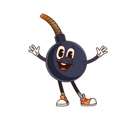 Cartoon bomb with burning wick groovy character. Grenade, dynamite or bomb funny cartoon vector mascot. Explosive comical isolated groovy personage or 60s 70s cute character waving handsのイラスト素材