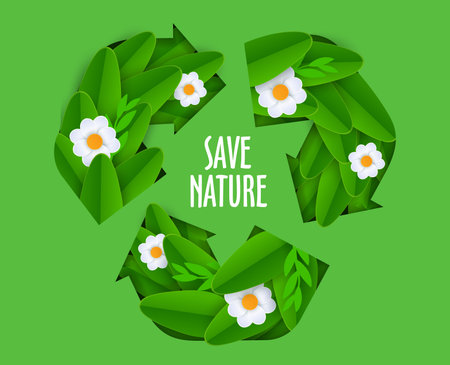 Environment banner, paper cut recycle sign with green leaves and white daisy flowers. Save Earth nature vector eco concept of ecology protection. Plastic waste recycle symbol of 3d paper cut arrowsのイラスト素材