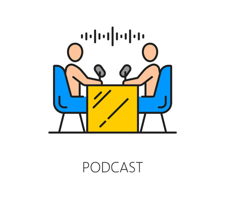 Online blogging or Internet podcast line icon. Web social media digital content, or Internet video blogger thin line vector pictogram. Blogging linear icon or symbol with bloggers recording podcastのイラスト素材