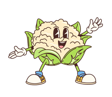 Cartoon groovy cauliflower cabbage character or funny vegetable, vector retro comic. Groovy cauliflower character with happy smile on silly face and funky quirky expression for vegetable emojiのイラスト素材