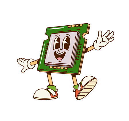 Groovy computer chip character with funny face, vector funky retro cartoon comic. Groovy freaky computer chipset with happy smile or laugh with positive vibes for digital hardware cartoon characterのイラスト素材