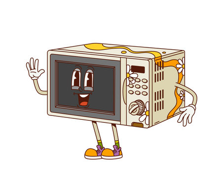 Cartoon groovy kitchen microwave oven character with funny face, vector comic emoji. Groovy microwave oven with funky smile and Hi Hello gesture for retro cartoon kitchen cooking appliance characterのイラスト素材