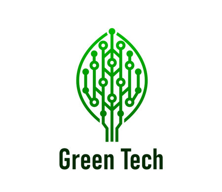 Green tech icon for smart digital farm and eco green energy technology, vector emblem. Green tech company sign of leaf with digital circuit board for innovation, biotechnology and green energyのイラスト素材