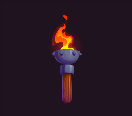 Game medieval fire torch for cartoon asset or GUI element of castle or dungeon, vector torchlight. Ancient torch with wooden handle and burning fire flame for Medieval fantasy adventure of arcade gameのイラスト素材