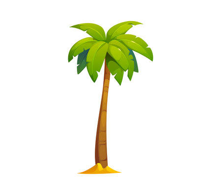 Cartoon jungle coconut or banana palm tree and tropical plant from paradise beach, vector icon. Coconut or banana and exotic fruit palm tree growing from sand for Hawaii vacation or Caribbean islandのイラスト素材