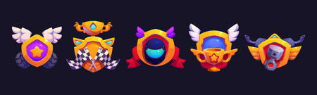 Motor and car racing rank award badges with wings, stars, checkered flags, and motor parts inside of...