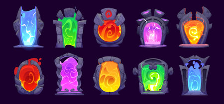 Magic portal doors, fantasy stone arch game asset, vector UI. Cartoon gates to another world or parallel universe with color light vortex. Time travel teleports, magic doors and fantastic portalsのイラスト素材